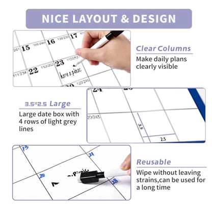 Erasable Whiteboard Calendar Monthly Weekly Planner - Reusable