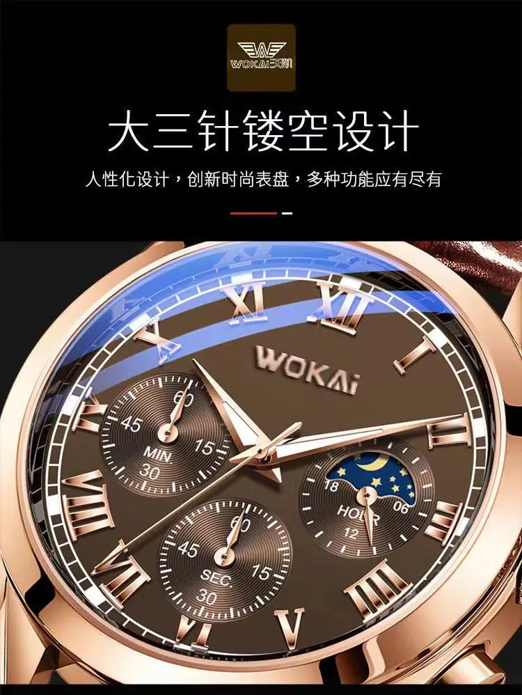 Fashion Business Three-Eye Roman Dial Bamboo Belt Quartz Watch