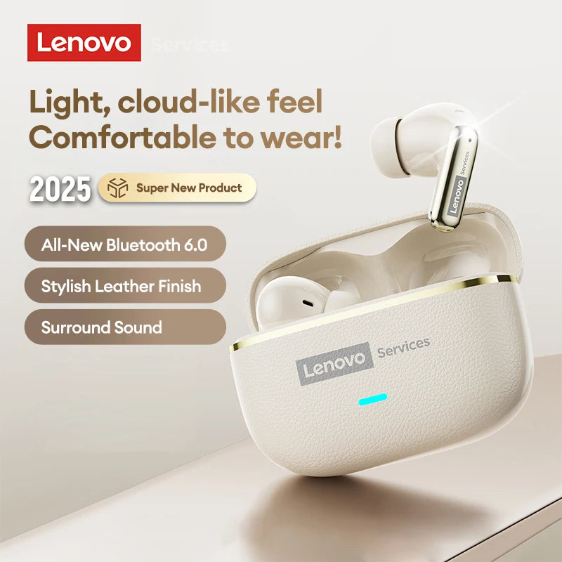 Lenovo LE208 Wireless Bluetooth 6.0 Leather Headphones HiFi Lossless Sound Noise Reduction Earphone Low Latency Gaming Earbuds