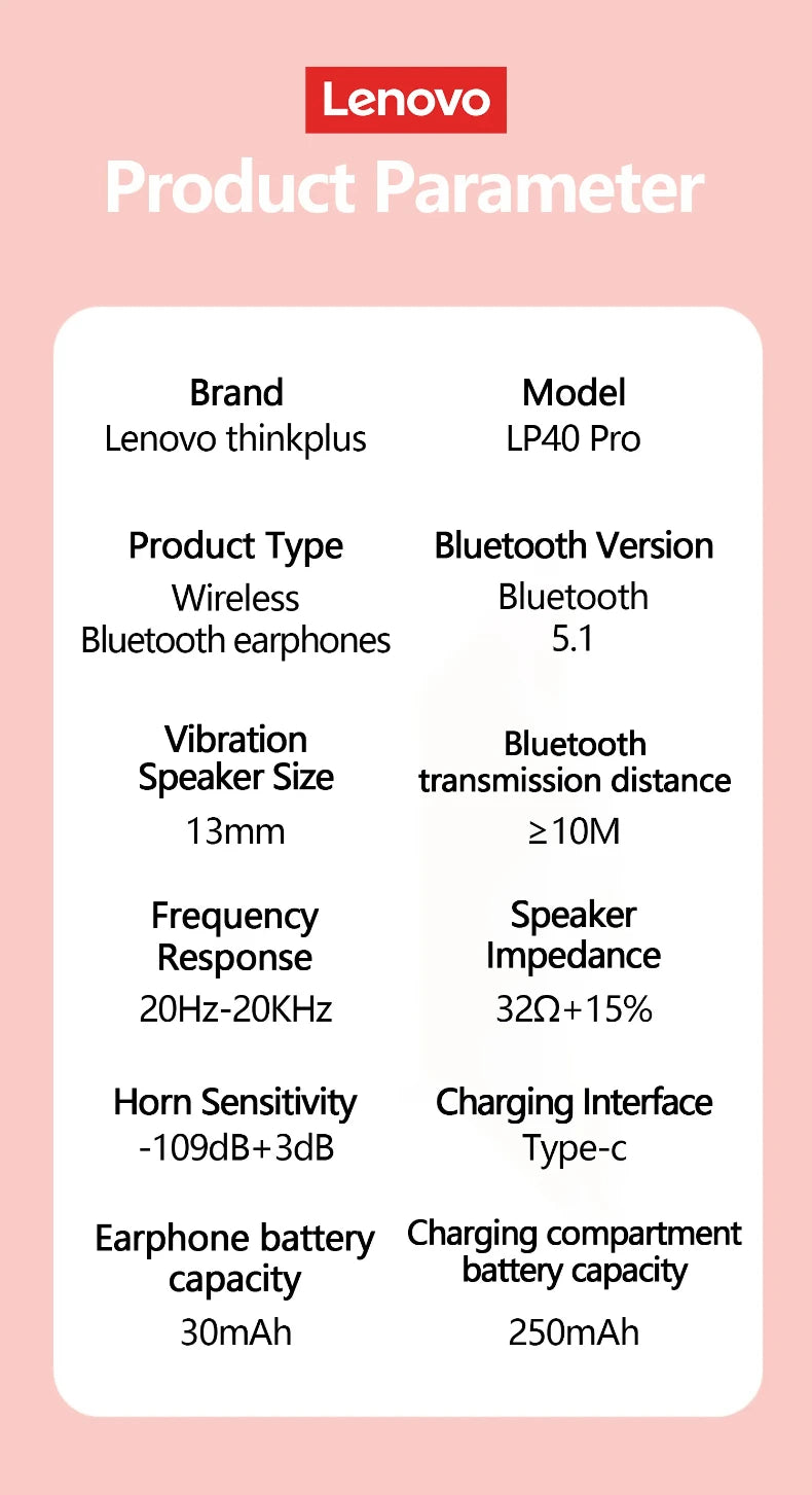 Choice Lenovo LP40 Pro TWS Bluetooth Earphones Touch Control Music Sport Headset Noise Reduction Gaming Headphones 250mAh New