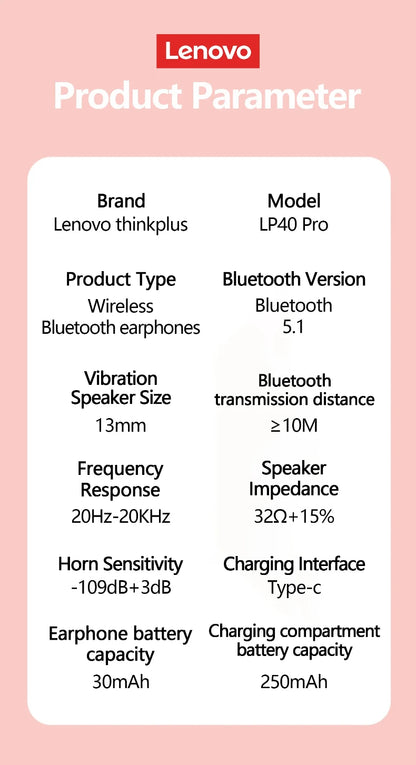 Choice Lenovo LP40 Pro TWS Bluetooth Earphones Touch Control Music Sport Headset Noise Reduction Gaming Headphones 250mAh New
