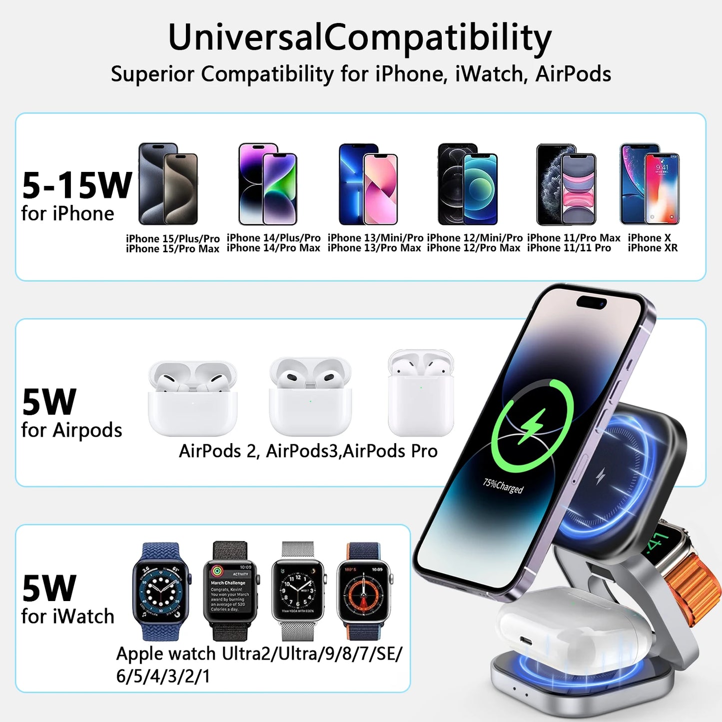 3 In 1 Foldable Magnetic Wireless Charger Stand For iPhone 15 14 13 Pro Max IWatch AirPods 3/2 Station Dock Fast Charging Holder