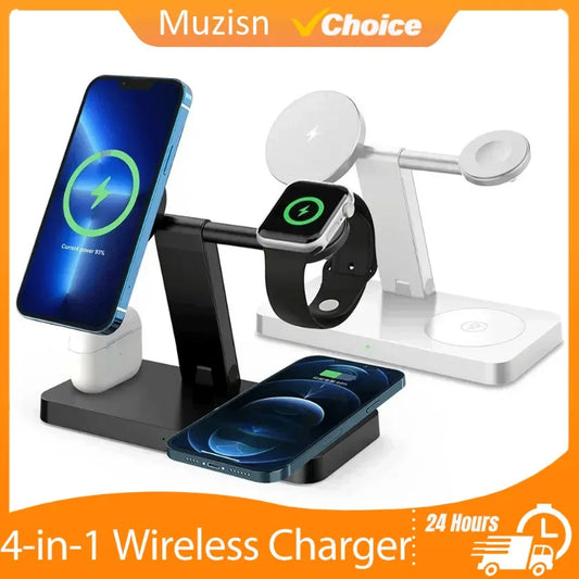 15W 4 In 1 Foldable Fast Charging Station Magnetic Wireless Charger Stand For Magsafe iPhone 12-16 iWatch Airpods Desktop Stand
