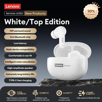 New Lenovo LE202 TWS Bluetooth 6.0 Gaming Earphones AI Call Noise Cancellation Sound Quality Headphone Long Battery Life Earbuds