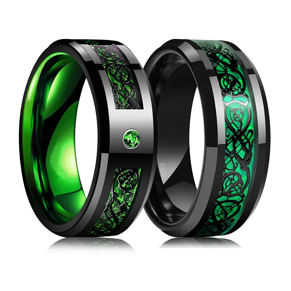 Men's 8mm Black Tungsten Wedding Celtic Dragon Ring Inlaid Red Zircon Punk Stainless Steel red Carbon Fibre ring For Men Jewelry
