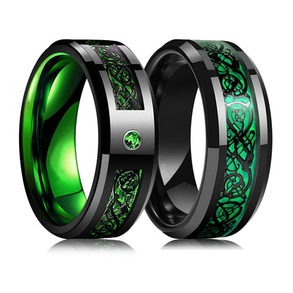 Men's 8mm Black Tungsten Wedding Celtic Dragon Ring Inlaid Red Zircon Punk Stainless Steel red Carbon Fibre ring For Men Jewelry