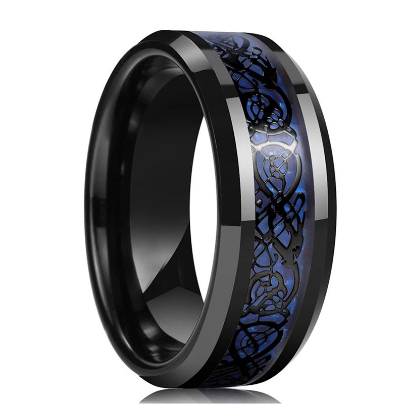 Men's 8mm Black Tungsten Wedding Celtic Dragon Ring Inlaid Red Zircon Punk Stainless Steel red Carbon Fibre ring For Men Jewelry