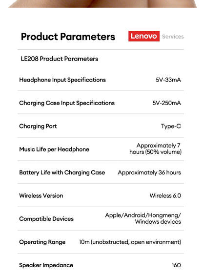 Lenovo LE208 Wireless Bluetooth 6.0 Leather Headphones HiFi Lossless Sound Noise Reduction Earphone Low Latency Gaming Earbuds