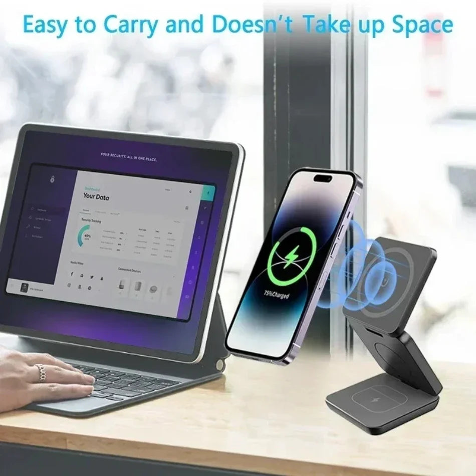 3 In 1 Foldable Magnetic Wireless Charger Stand For iPhone 16 15 14 13 Pro Max iWatch 10 9 AirPods Fast Charging Station Holder