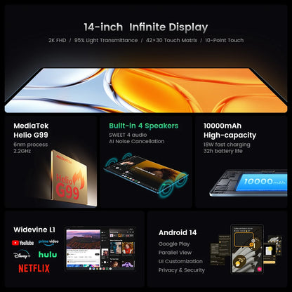 Teclast T70 Tablet 14" FHD Display Android 14 MTK Helio G99 8GB+256GB 10000mAh Battery 18W 4G LTE Global Version