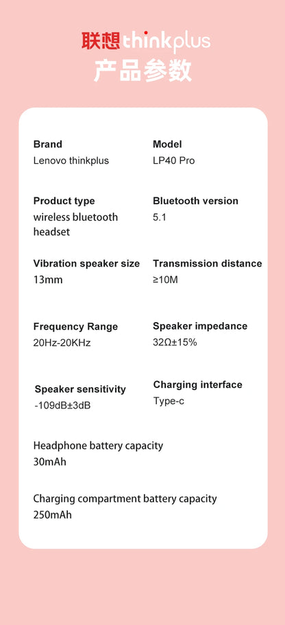 Original Lenovo LP40 Pro Earphones Wireless Bluetooth 5.1 Sport Noise Reduction Headphones Touch Control 250mAH 2022 New Lp40pro