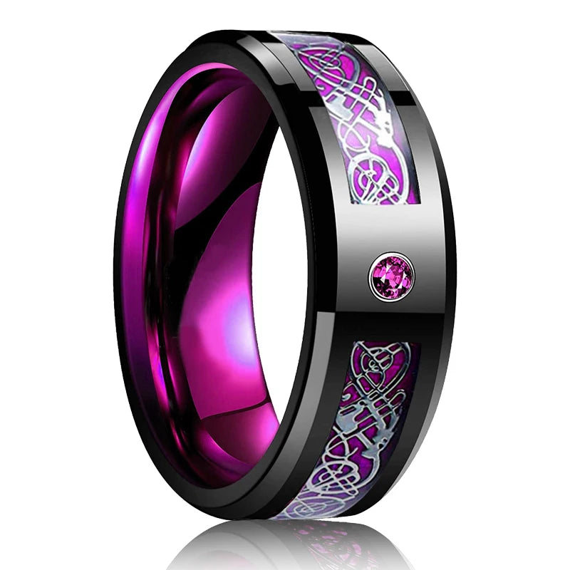Men's 8mm Black Tungsten Wedding Celtic Dragon Ring Inlaid Red Zircon Punk Stainless Steel red Carbon Fibre ring For Men Jewelry