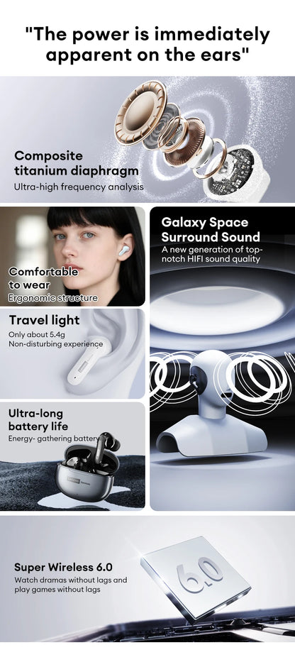 New Lenovo LE202 TWS Bluetooth 6.0 Gaming Earphones AI Call Noise Cancellation Sound Quality Headphone Long Battery Life Earbuds