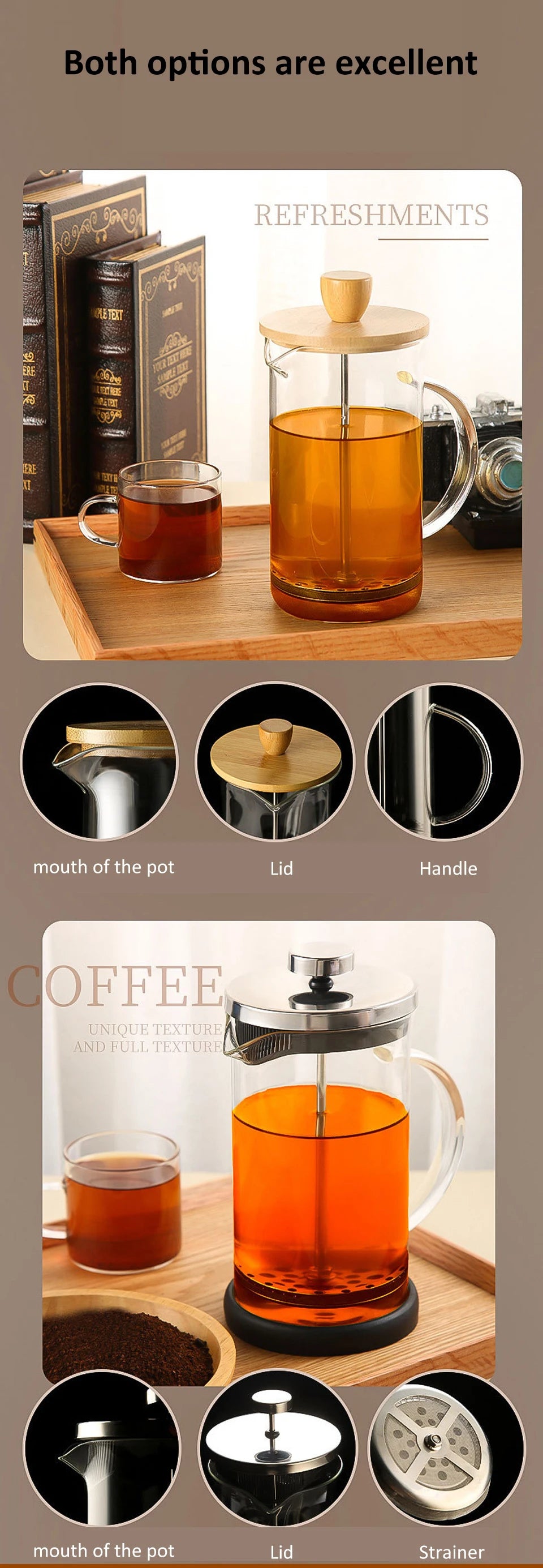 350-1000ml French Press - Stainless Steel and Glass Coffee Maker