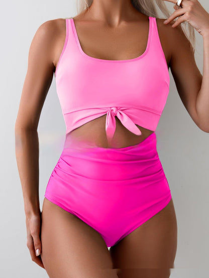 One-piece Female Stitching Contrast Color Strap Covered Belly Swimsuit