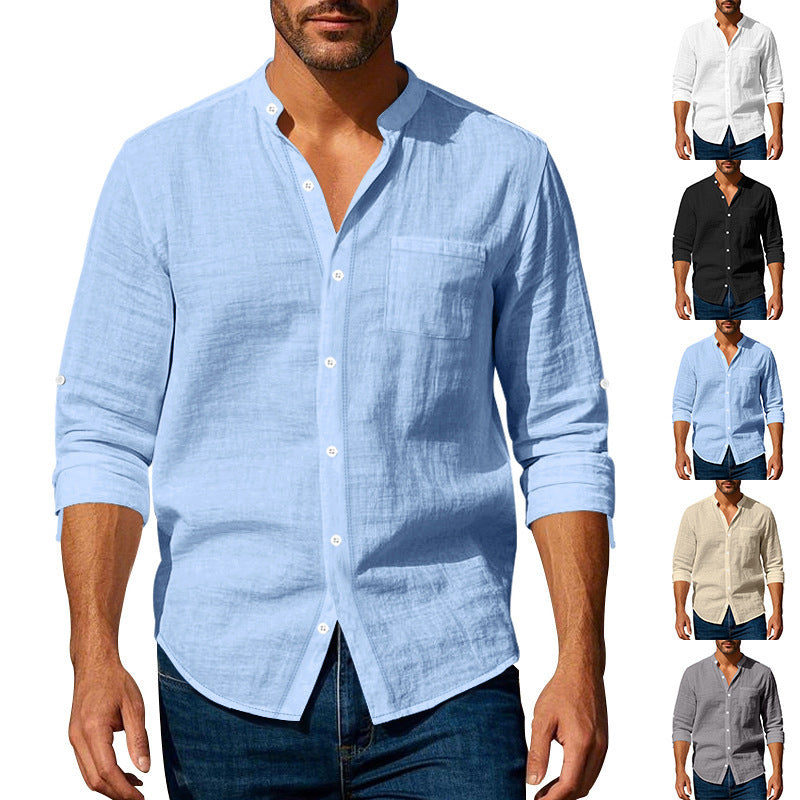 Long Sleeve Stand Collar Shirt With Pockets Casual Men's Clothing