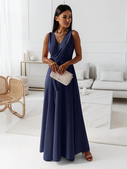 V-neck Sleeveless Dress With Belt Summer Fashion Party Club Evening Maxi Dresses For Women Clothing