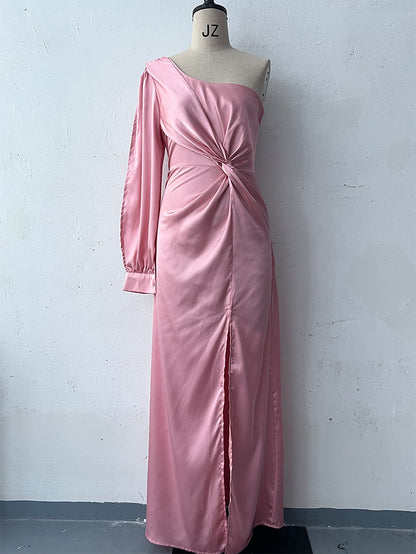 Women's One-shoulder Split Dress Ins Fashion Long-sleeved Slim Long Dresses Party Evening Clothing