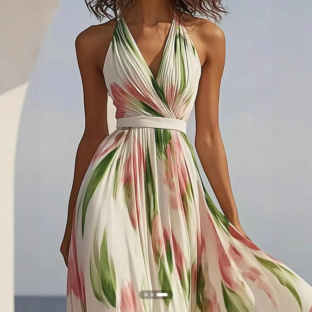 Summer New V-neck Fashion Printed Sling Long Dress