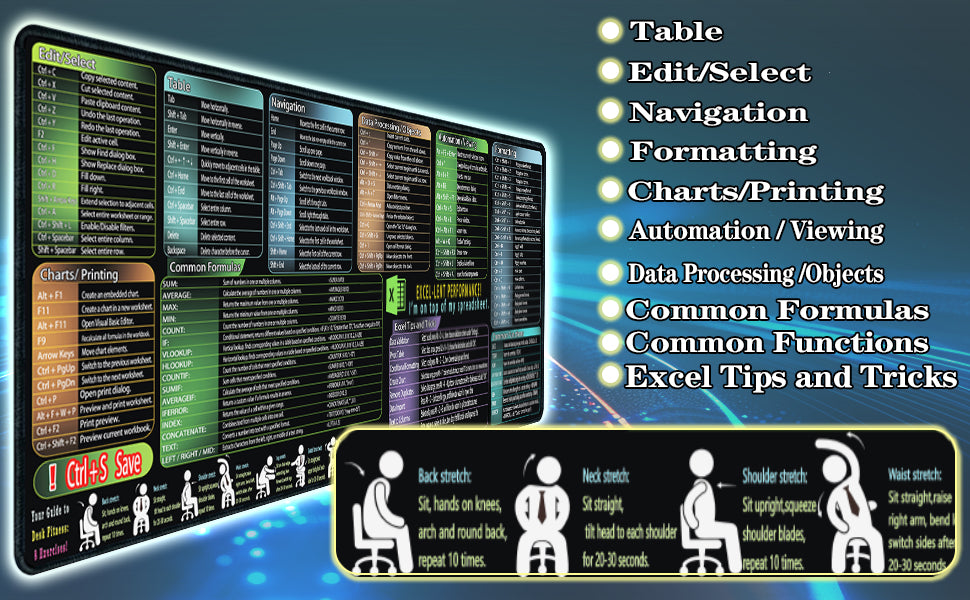 Excel Cheat Sheet Mouse pad,Extra Large Office Keyboard Shortcuts Mousepad,Office Desk Accessories Desk pad Computer