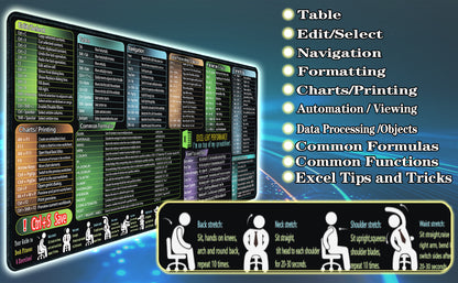 Excel Cheat Sheet Mouse pad,Extra Large Office Keyboard Shortcuts Mousepad,Office Desk Accessories Desk pad Computer