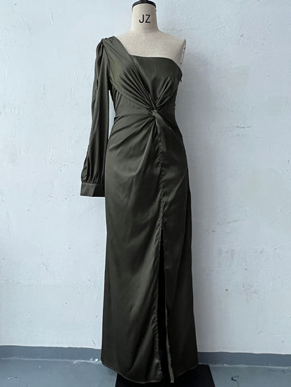 Women's One-shoulder Split Dress Ins Fashion Long-sleeved Slim Long Dresses Party Evening Clothing