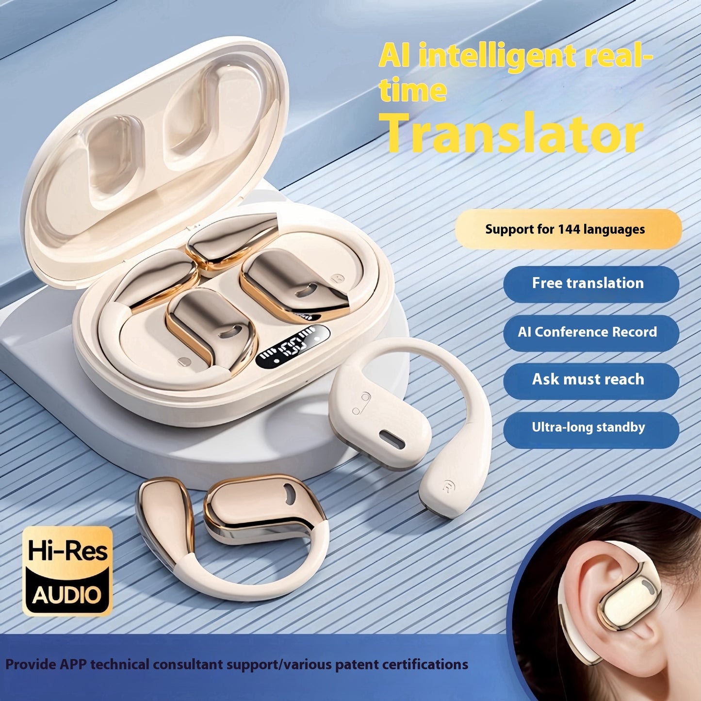 Wireless Bluetooth Open Ear Hook Multi-language Simultaneous Interpretation Headset