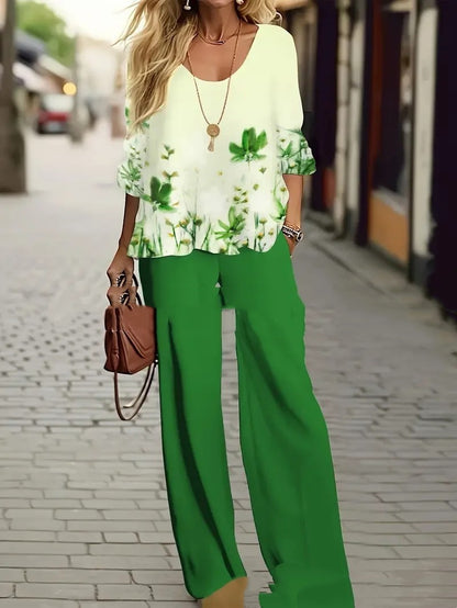 Half Sleeve Round Neck Top Lengthened Trousers Printed Women's Suit