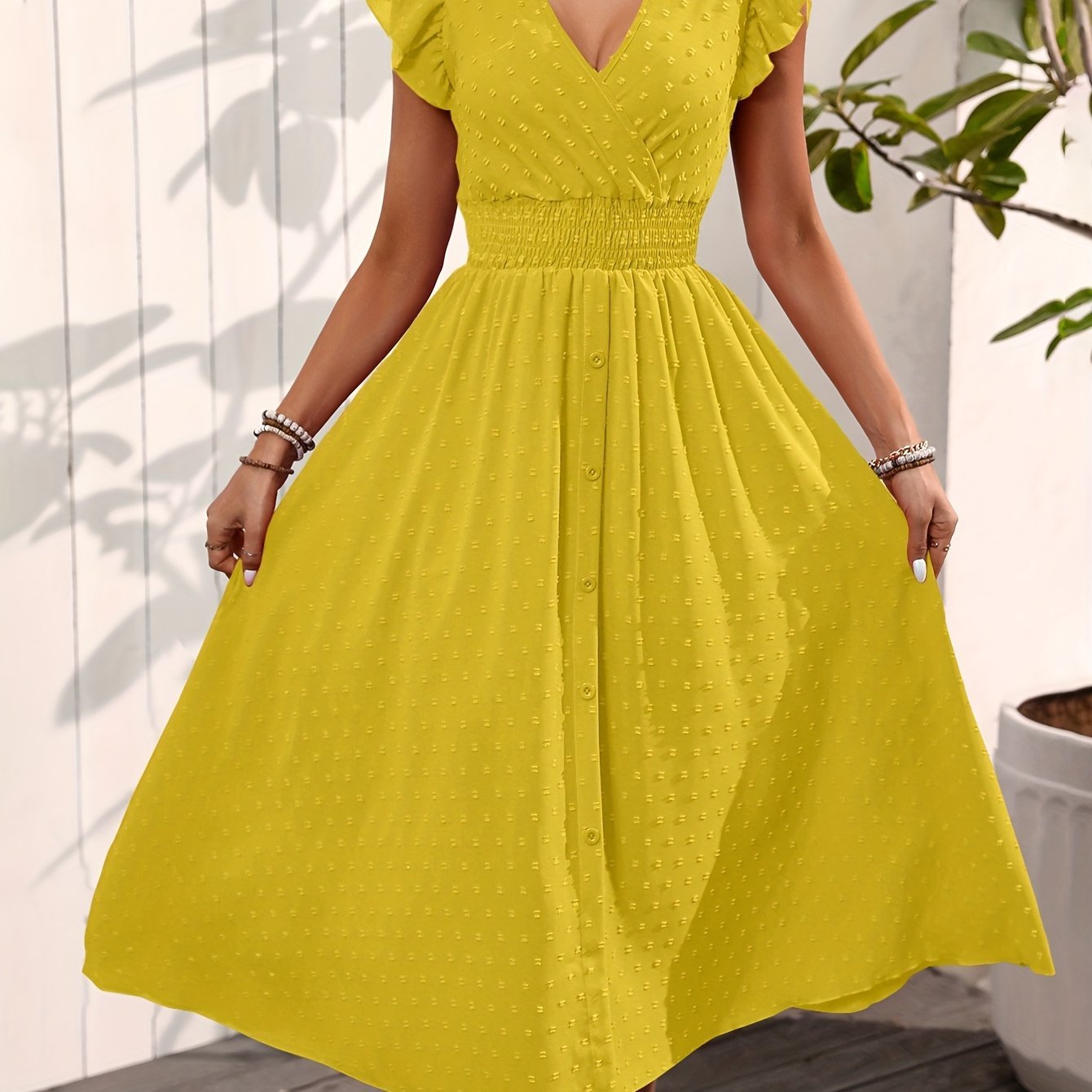 Elegant V-neck Ruffled Sleeve Women's Summer Short Sleeve Maxi Dress