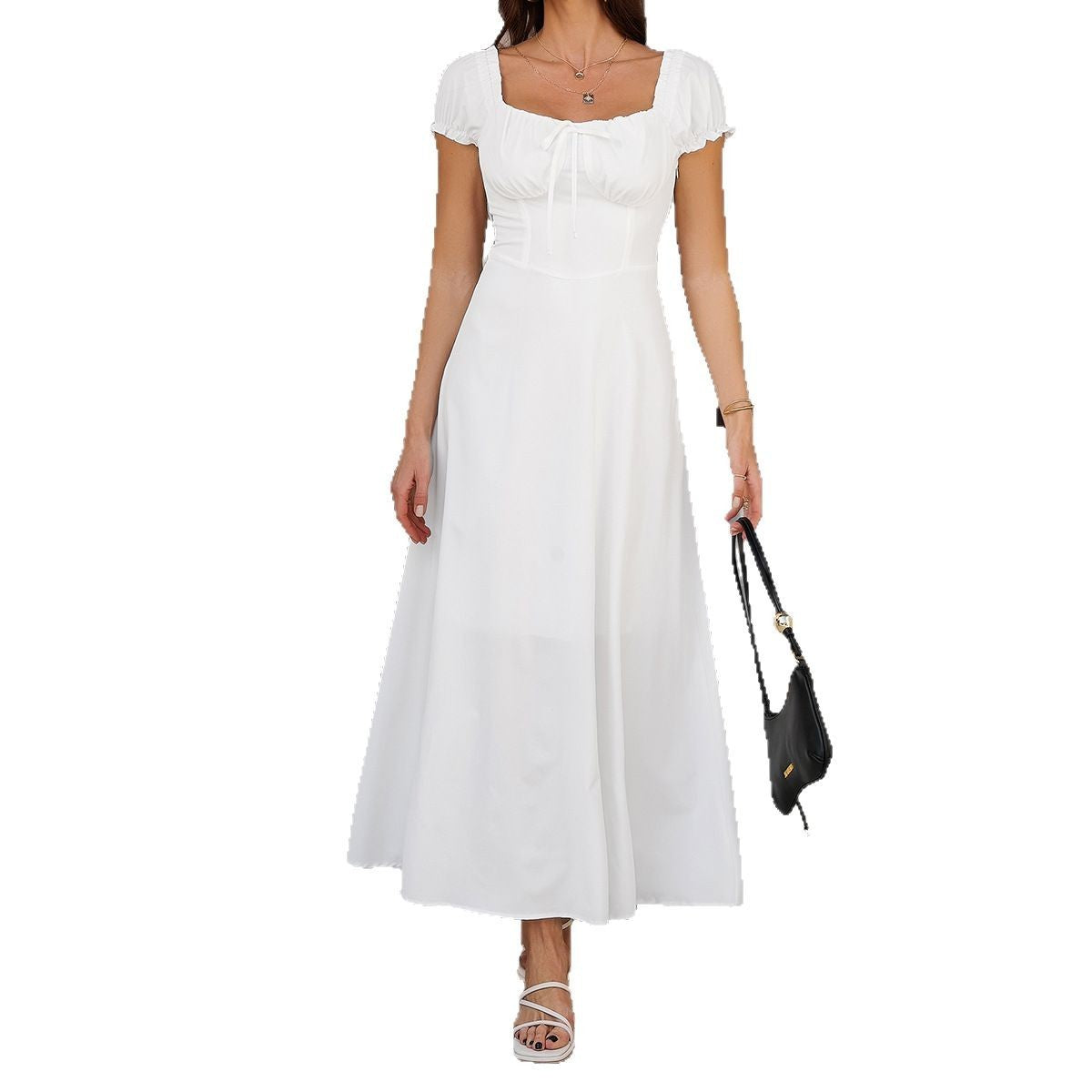Elegant Pure Color Tied Pleating Puff Sleeve French Dress