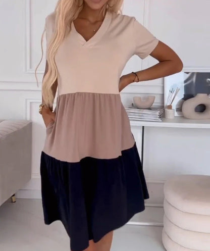 Short Color Stitching Ruffled Pocket Dress Women