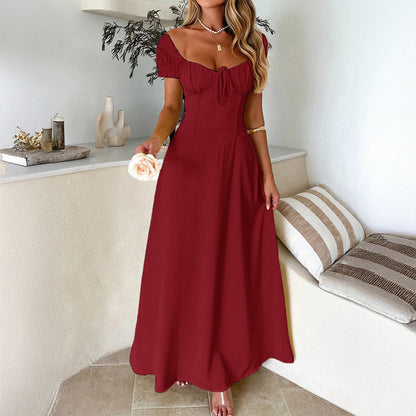 Elegant Pure Color Tied Pleating Puff Sleeve French Dress