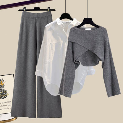 3pcs Knitted Sweater Suit With Shirt And Wide Leg Pants Autumn And Winter Suit Women