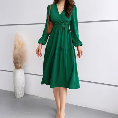 V-neck Solid Color Long Sleeve Waist Dress