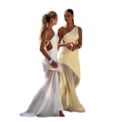 Summer New European And American Diagonal Collar Fashion Temperament Waist-controlled Dress