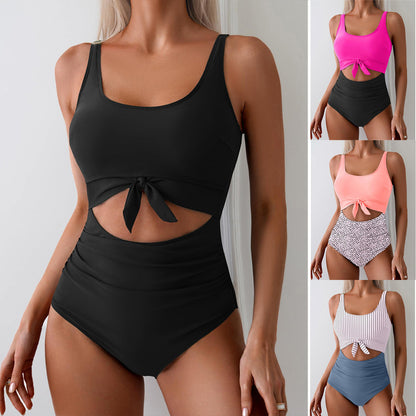 One-piece Female Stitching Contrast Color Strap Covered Belly Swimsuit