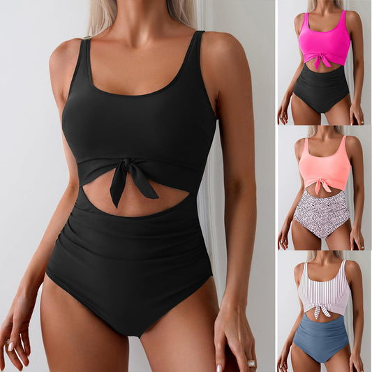 One-piece Female Stitching Contrast Color Strap Covered Belly Swimsuit