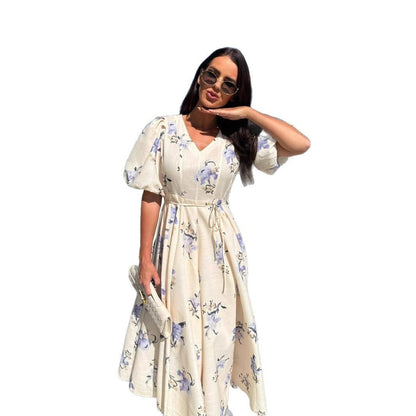 New V-neck Puff Sleeve Printed Lace-up Large Swing Dress