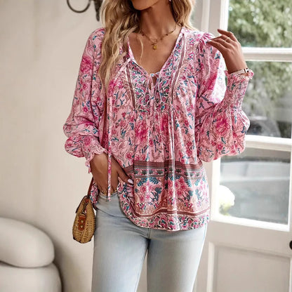 Bohemian Vacation Style Printed V-neck Lace-up Long Sleeve Top