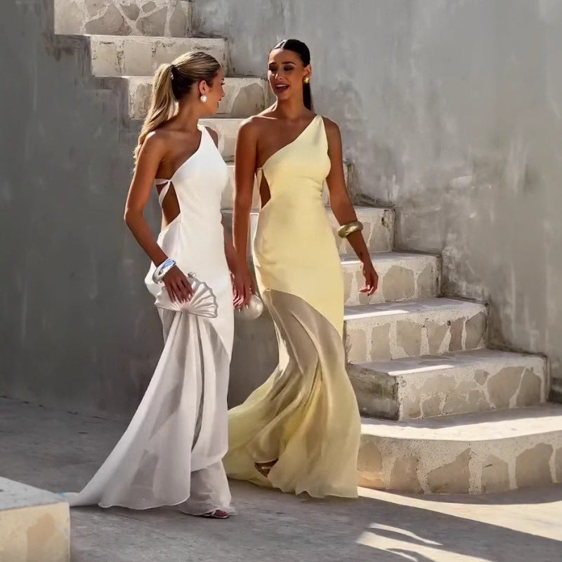 Summer New European And American Diagonal Collar Fashion Temperament Waist-controlled Dress