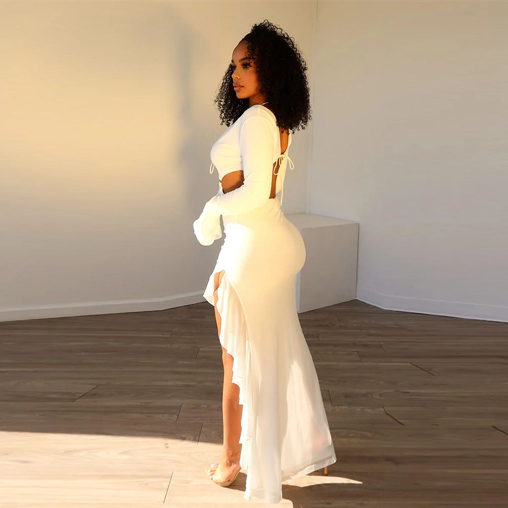 Women's Chest-wrapped Long Sleeve V-neck Lace-up Long Dress