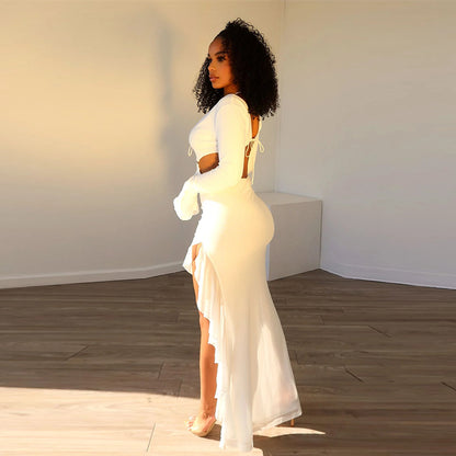 Women's Chest-wrapped Long Sleeve V-neck Lace-up Long Dress