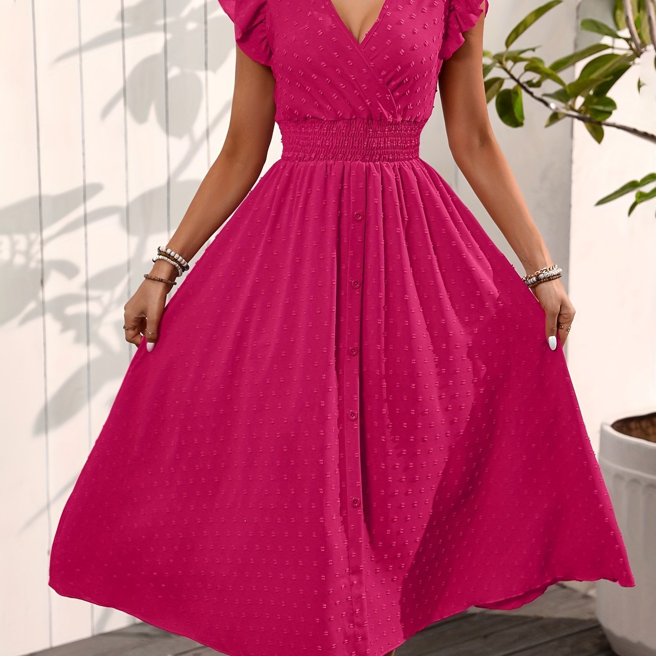 Elegant V-neck Ruffled Sleeve Women's Summer Short Sleeve Maxi Dress