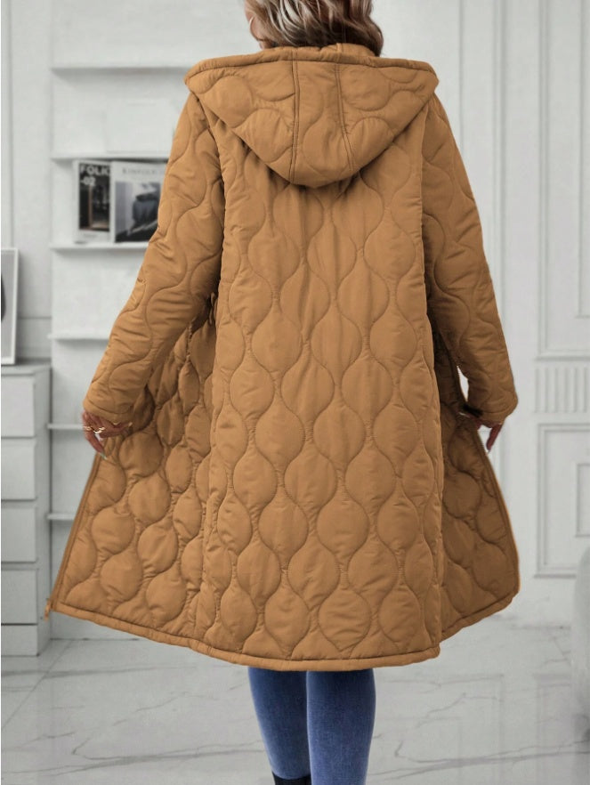 Ladies' Solid-Colored Zipper Fly Hooded Padded Coat