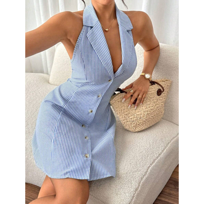 Backless Lace Up Bow Holiday A- Line Single Row Button Sling Dress