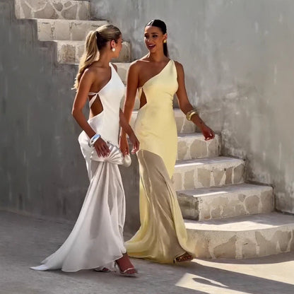 Summer New European And American Diagonal Collar Fashion Temperament Waist-controlled Dress