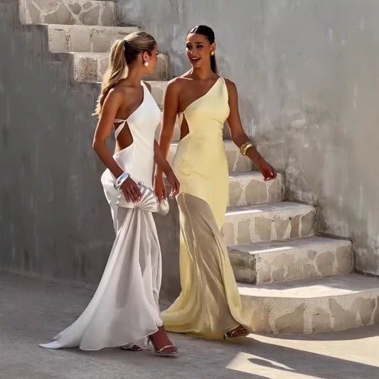 Summer New European And American Diagonal Collar Fashion Temperament Waist-controlled Dress