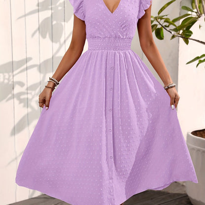 Elegant V-neck Ruffled Sleeve Women's Summer Short Sleeve Maxi Dress