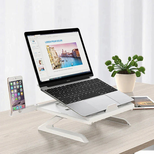 Adjustable laptop stand with phone holder on desk, modern workspace, Absolute Level Up lifestyle