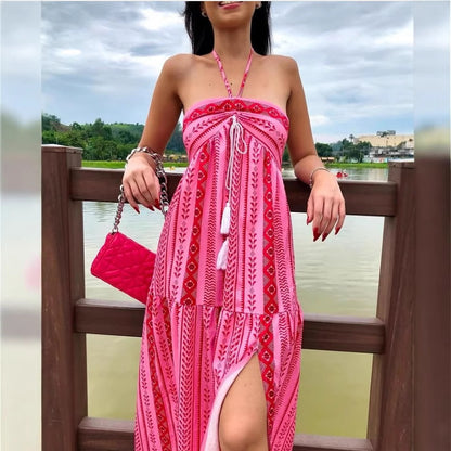 Split Sexy Printed Lace-up Tube Top Dress